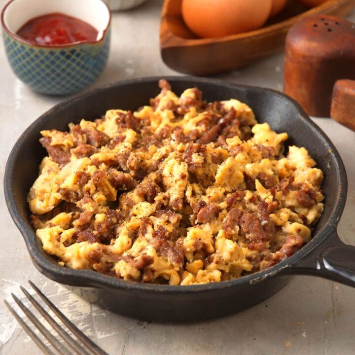 mini skillet with hamburger scrambled eggs